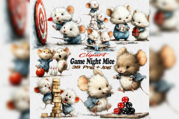 Game Night Mice Clipart PNG Party Set