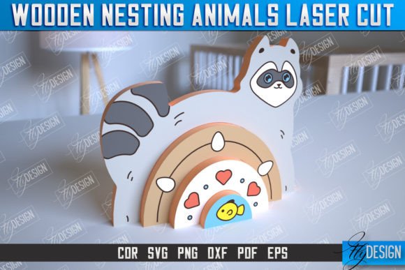 Wooden Nesting Raccoon Rainbow CNC